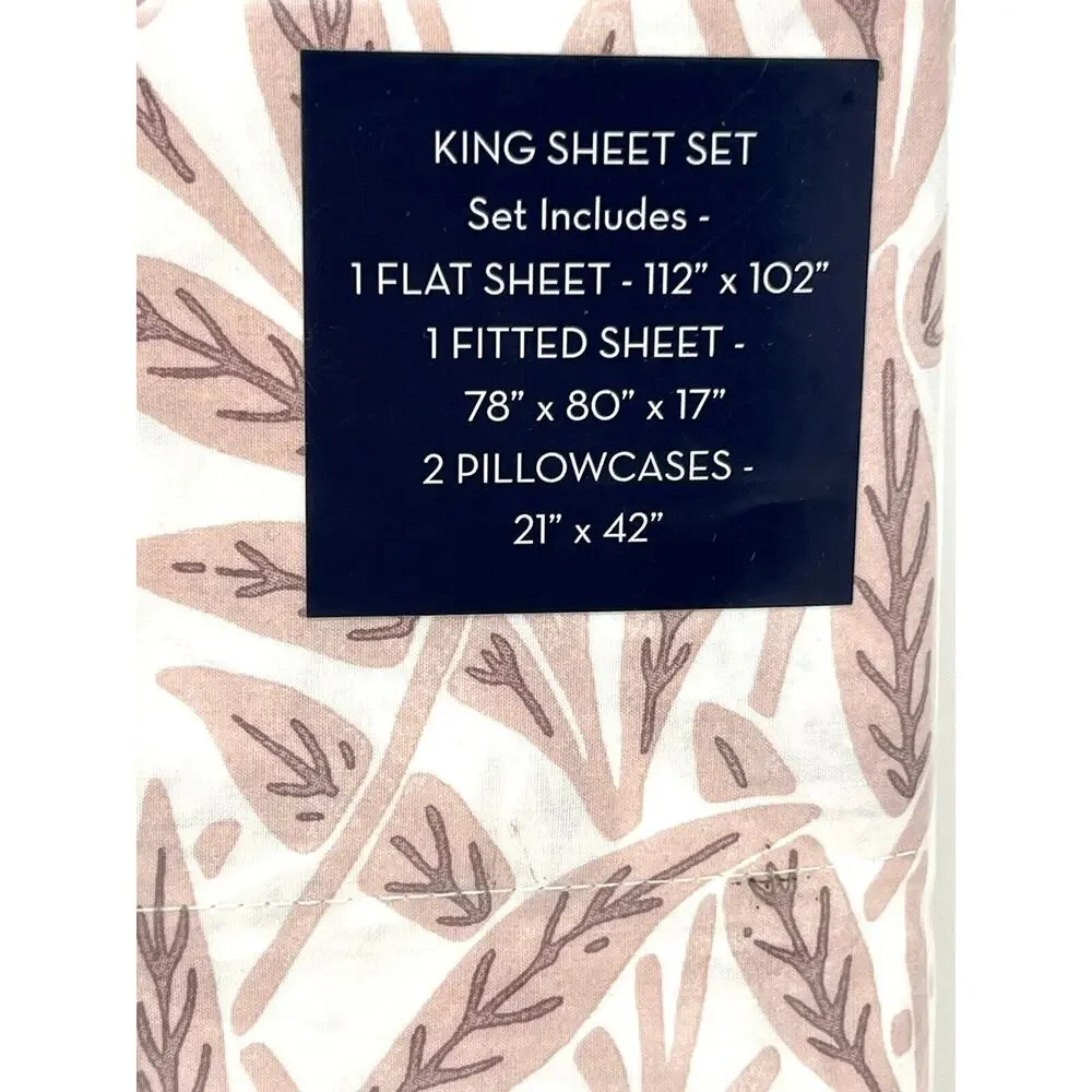 William Morris Original Willow Plaster Pink KING Cotton Percale Sheet Set Leaves